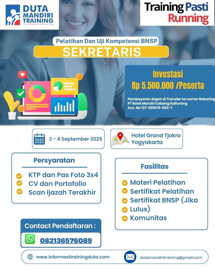 Pelatihan Sekretaris BNSP Duta Training Pelatihan Sekretaris BNSP, Materi Pelatihan Lengkap, Trainer Ahli & Berpengalaman 3 Pelatihan Sekretaris BNSP Duta Training